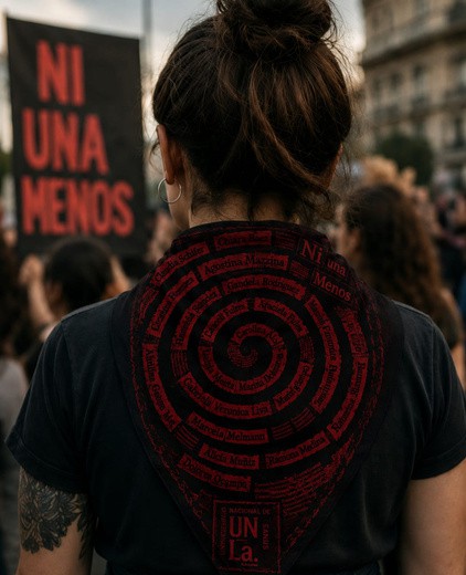 Pañuelo Espiral de nombres usado sobre la espalda en una manifestación